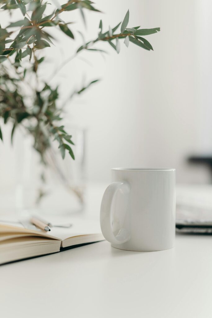 Elegant minimalist workspace featuring a white coffee mug, open notebook, and a leafy plant on a white table.